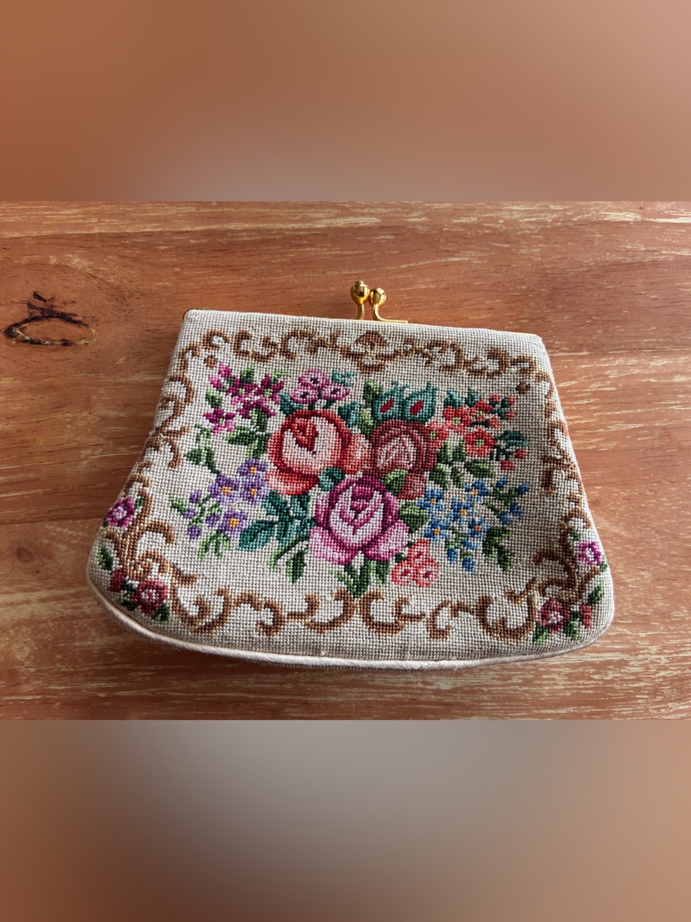 Floral Cross-Stitch Coin Purse in Cream with Pink Roses